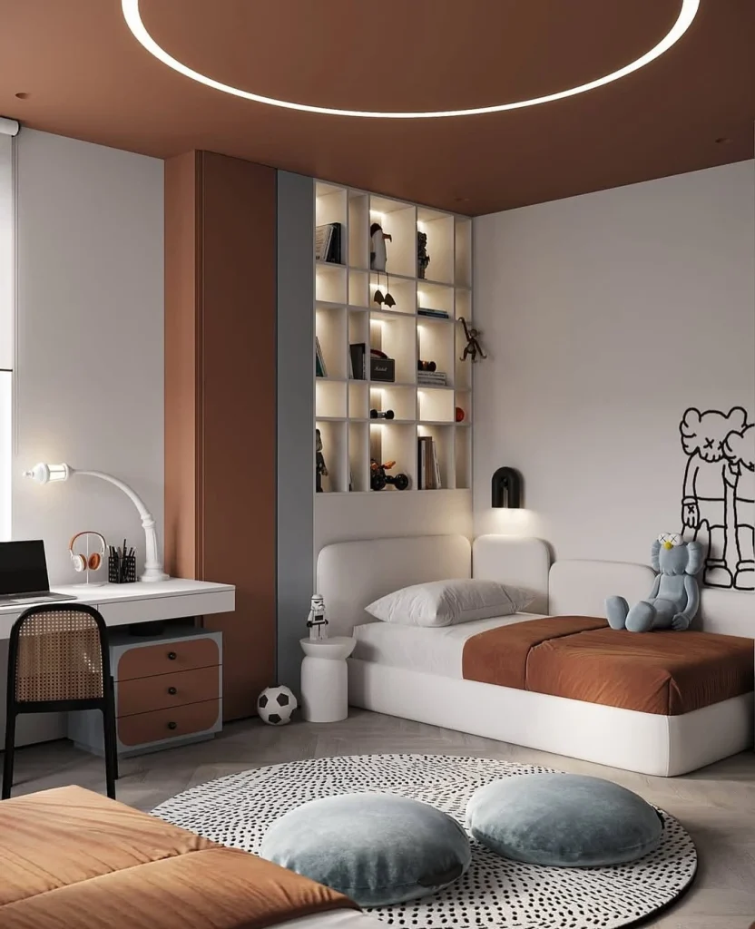Modern kids bedroom with terracotta and grey colour-blocked walls