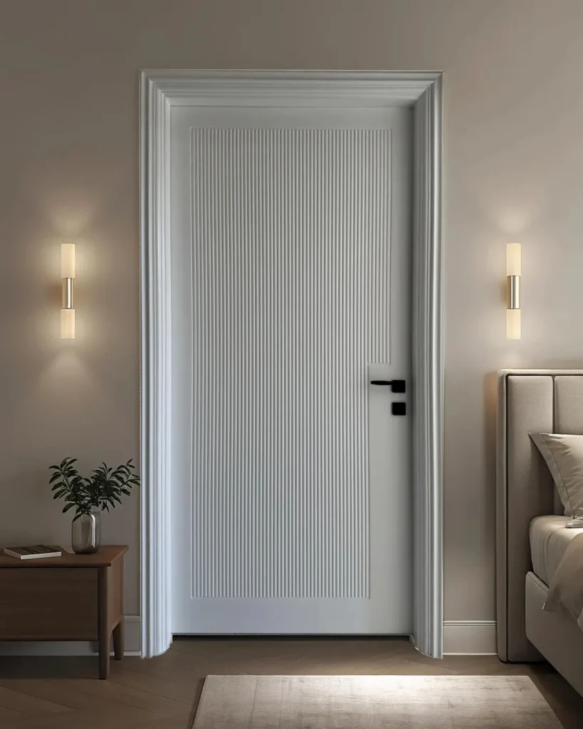 White fluted bedroom door with ornate architrave flanked