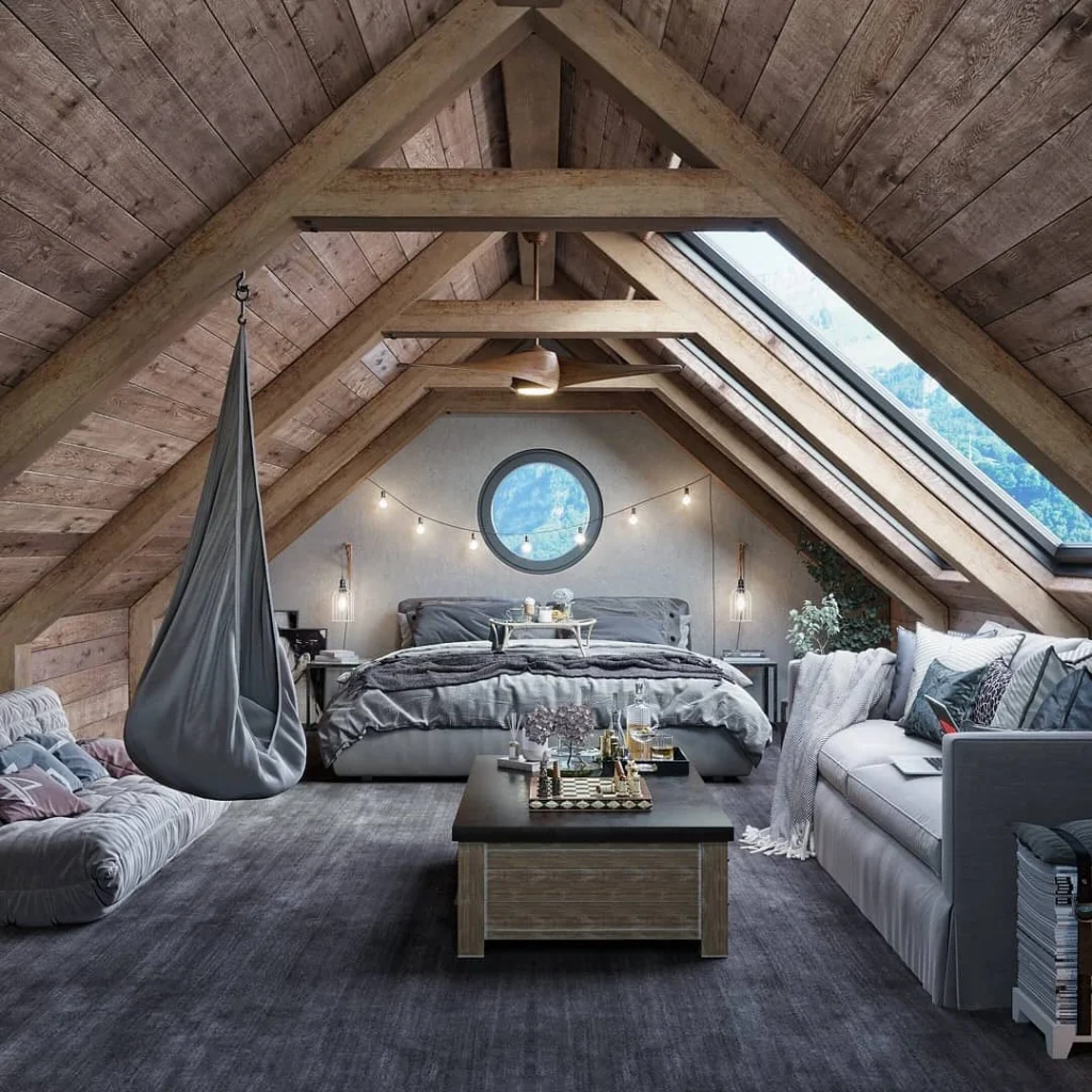 Large rustic attic retreat with exposed timber beams