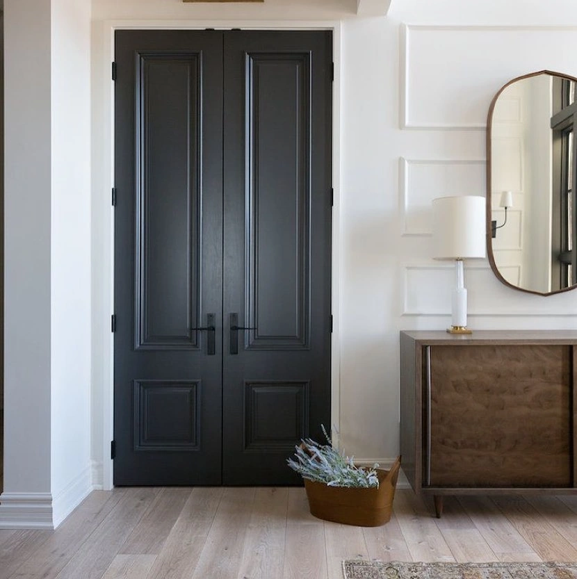 Bold black double doors with matte black handles