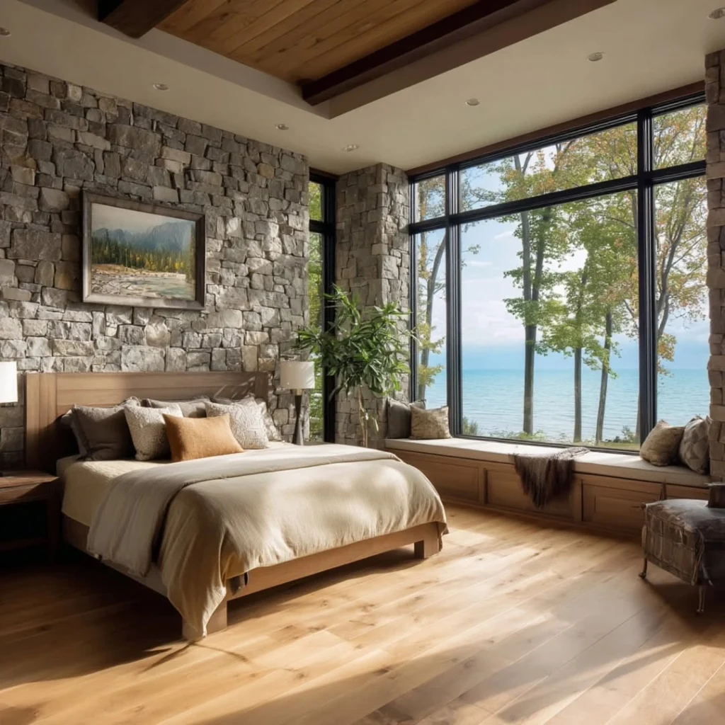 Luxury couple's bedroom with full natural fieldstone wall