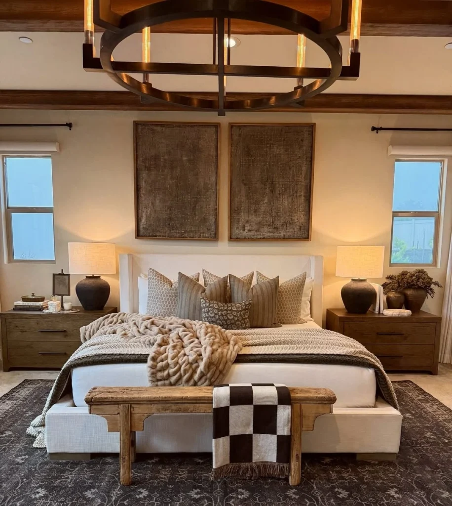 Rustic luxury western bedroom with cream upholstered bed