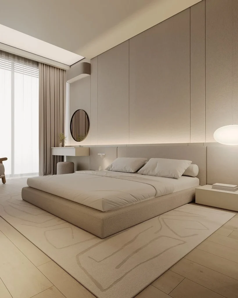 Serene all-neutral minimal bedroom with greige wall panels