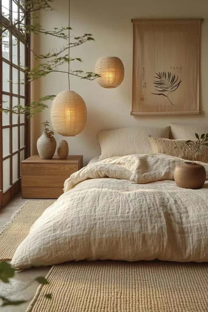 Japanese-inspired neutral bedroom with crumpled cream linen bedding