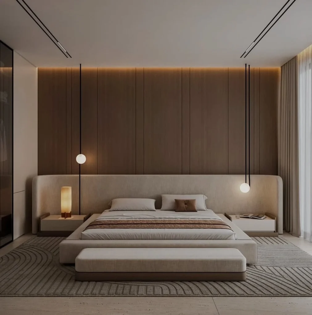 Modern large bedroom with dark walnut floor-to-ceiling wood panel wall