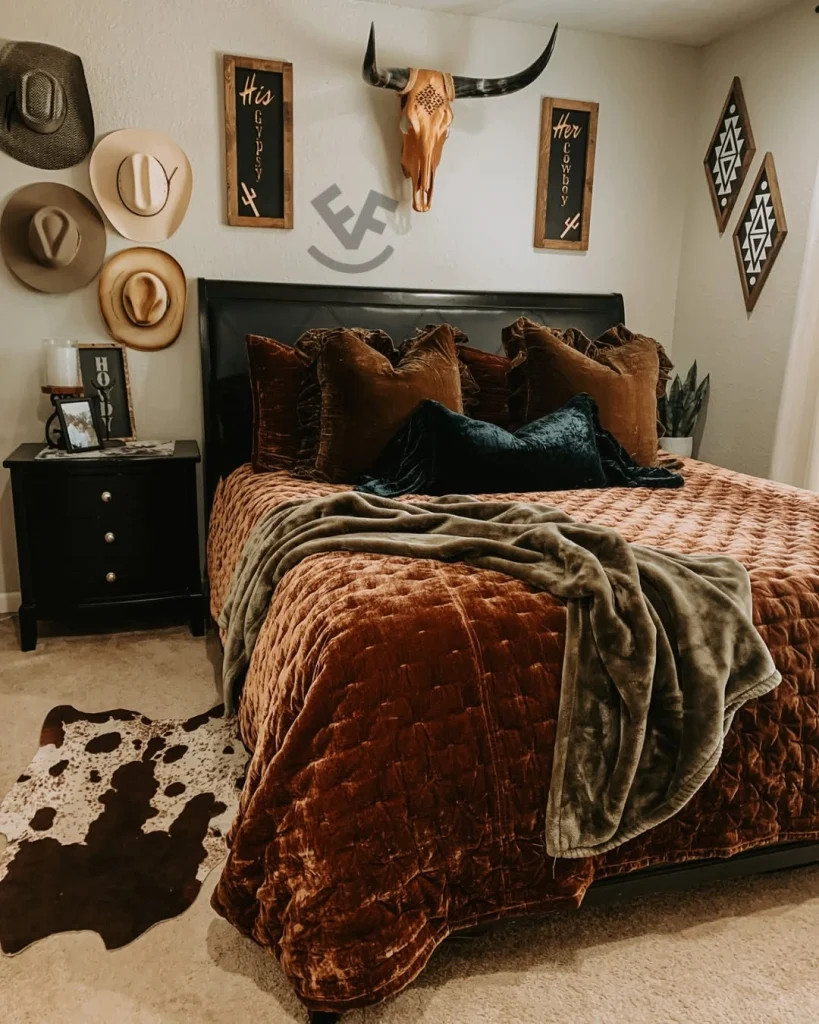 Western boho bedroom with burnt sienna velvet quilt