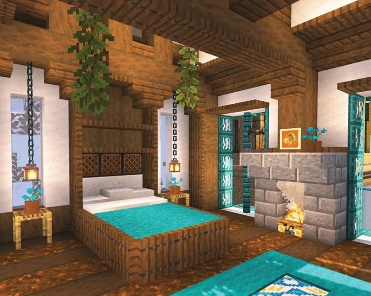 Luxury Minecraft in-game bedroom with wood-block ceiling