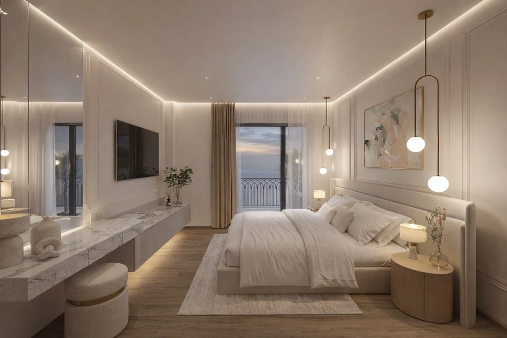 Warm white luxury bedroom with gold arch pendant lights