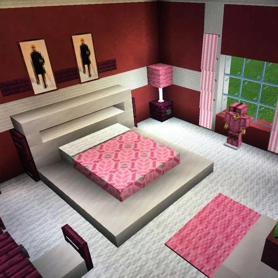 Modern Minecraft in-game bedroom in pink and white with a stepped platform bed