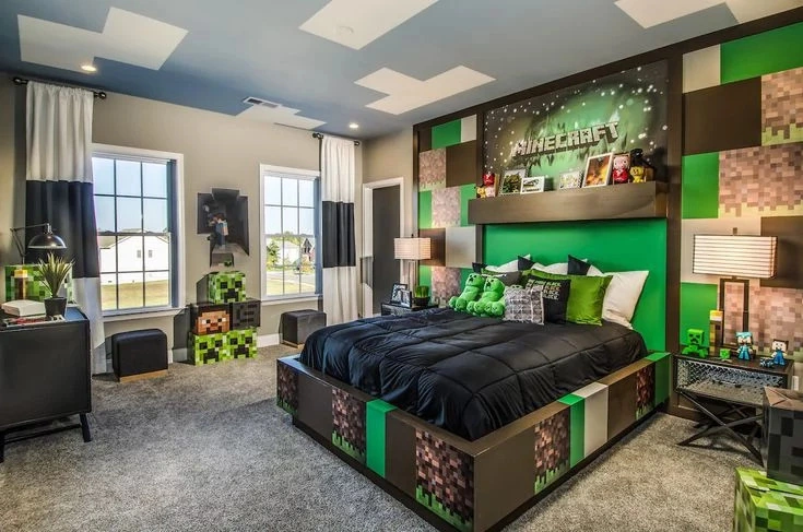 Ultimate real-life Minecraft feature bedroom with full 3D pixel block feature wall