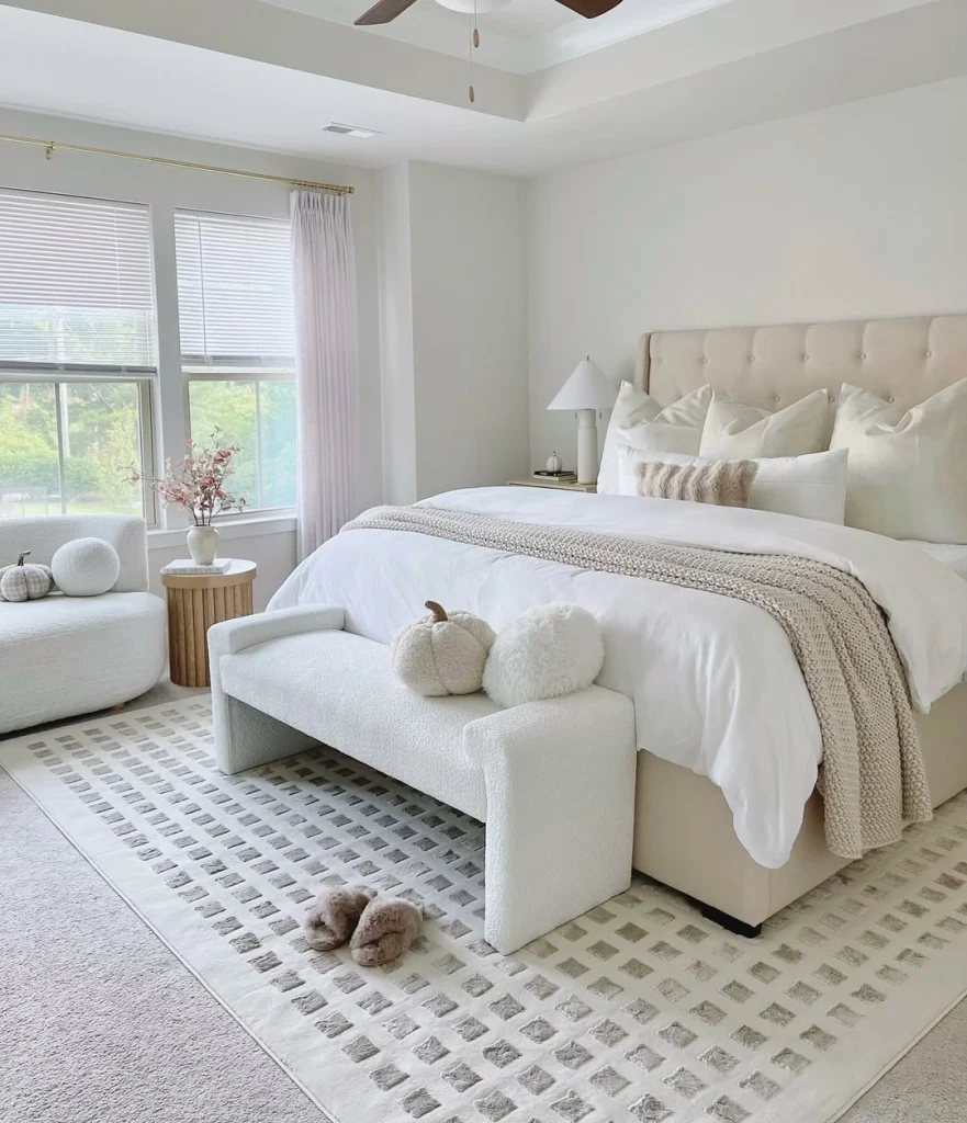 All-cream neutral bedroom with button-tufted linen headboard