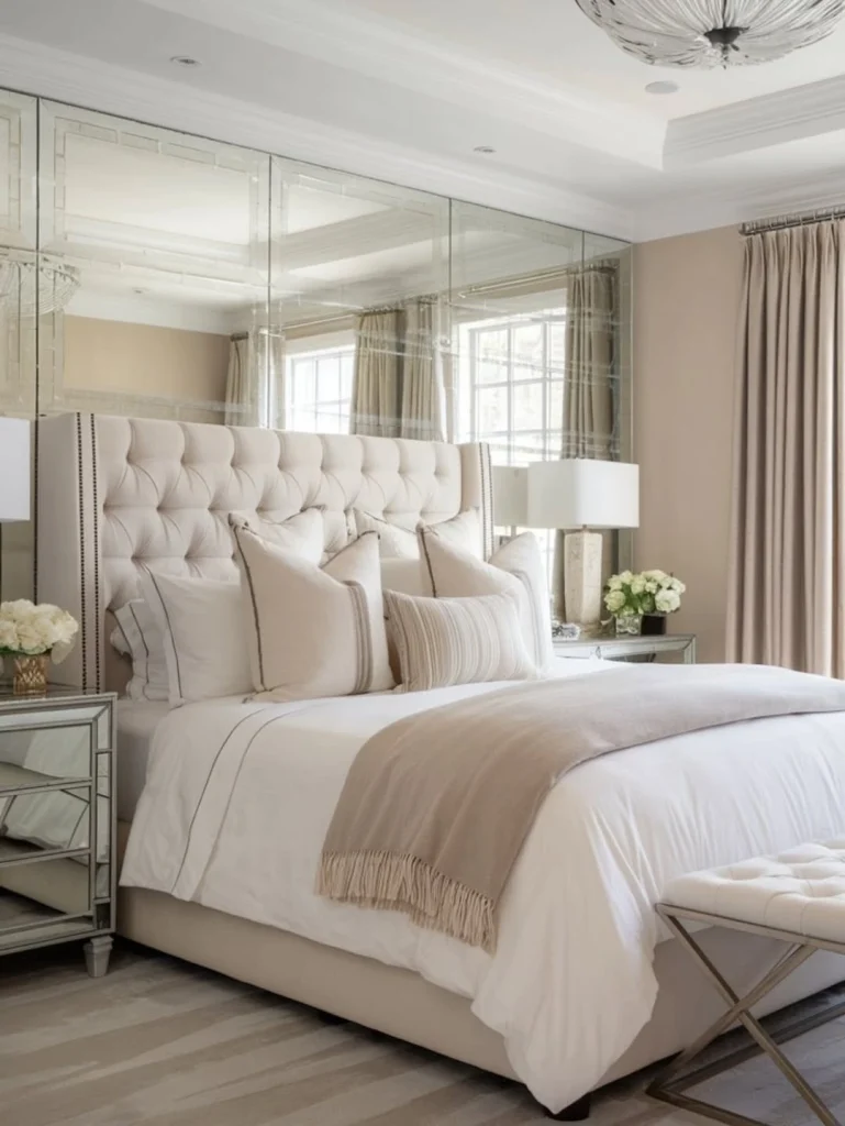 Glamorous neutral bedroom with full wall mirrored panels
