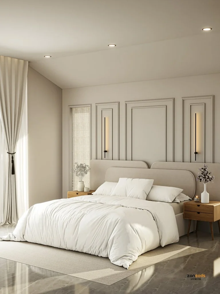 Beige minimal bedroom with rectangular wall molding panels