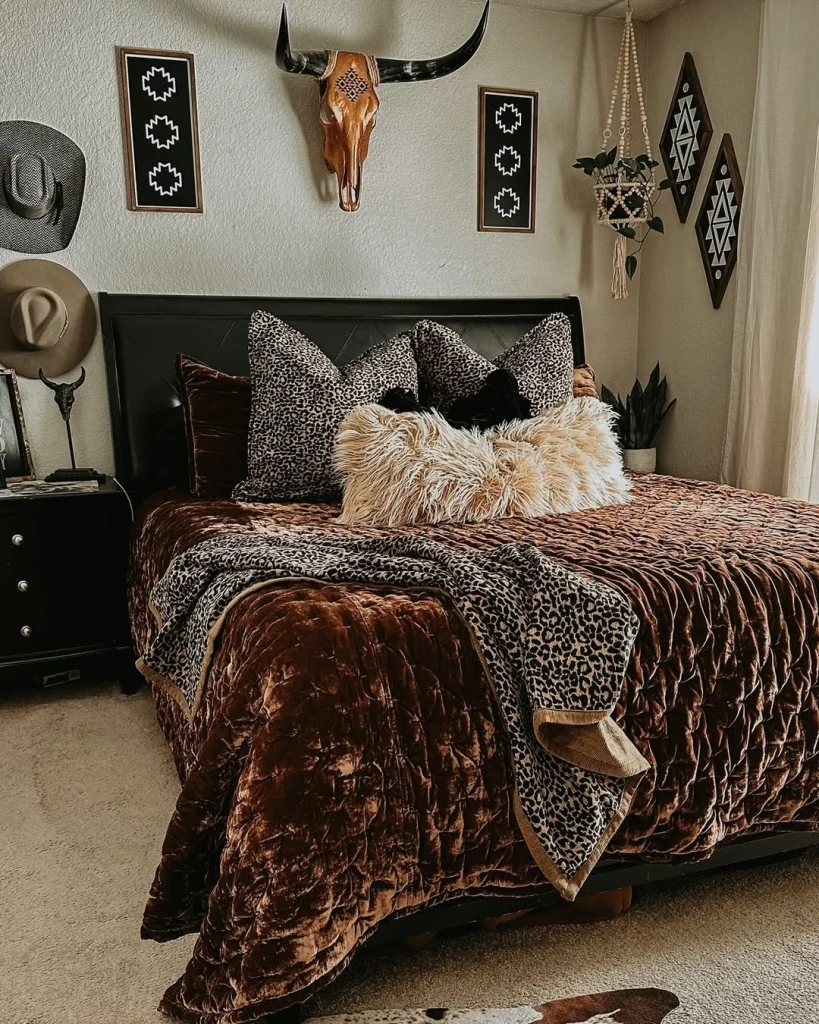 Western boho bedroom with chocolate velvet bedding