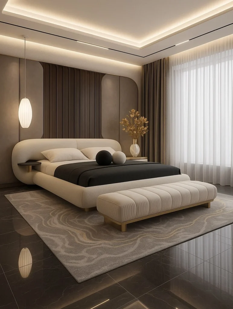 Cream platform bed bedroom with dark chocolate brown vertical fluted accent wall
