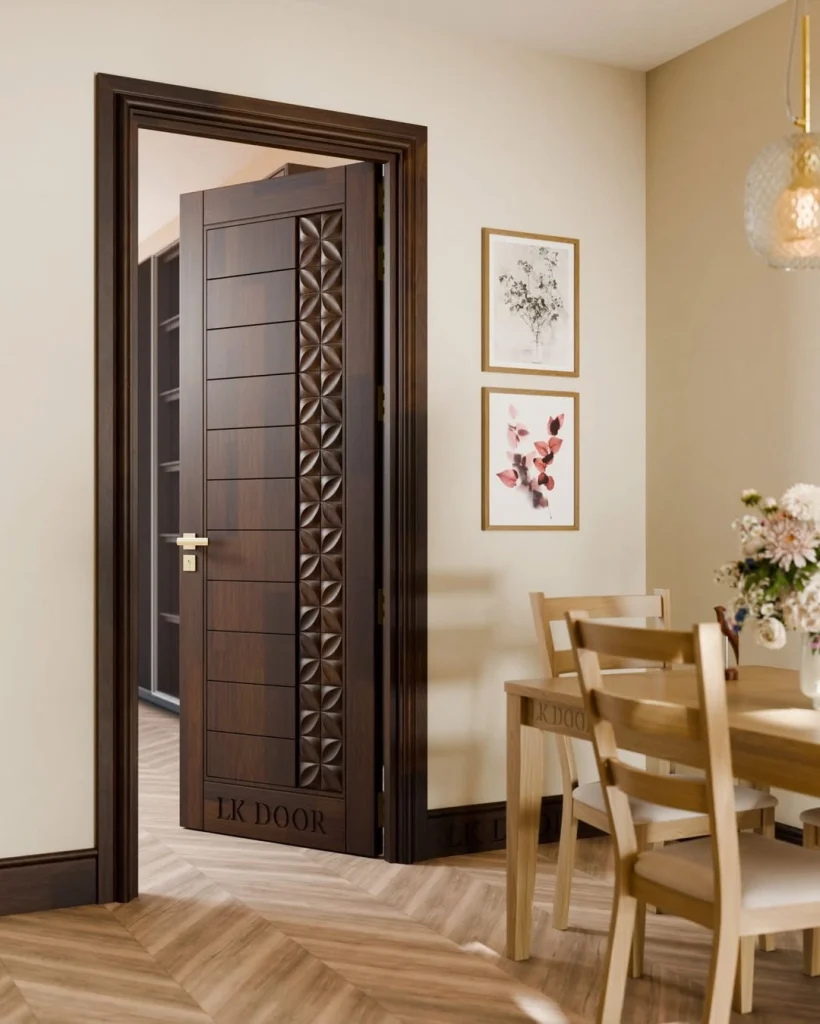 Dark walnut carved panel door with geometric 3D relief