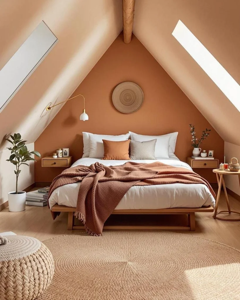 Warm terracotta attic bedroom with orange painted A-frame walls