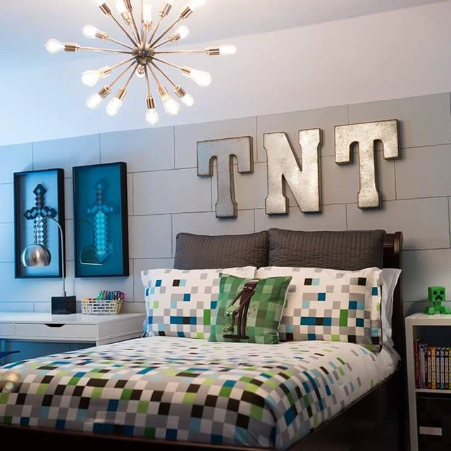 Teen-friendly Minecraft bedroom with grey block-painted wall,