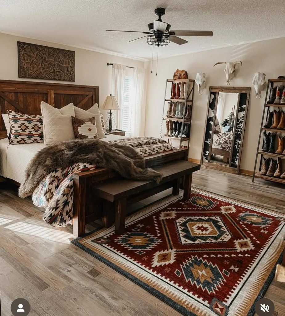 Rustic western bedroom featuring Navajo Aztec rug