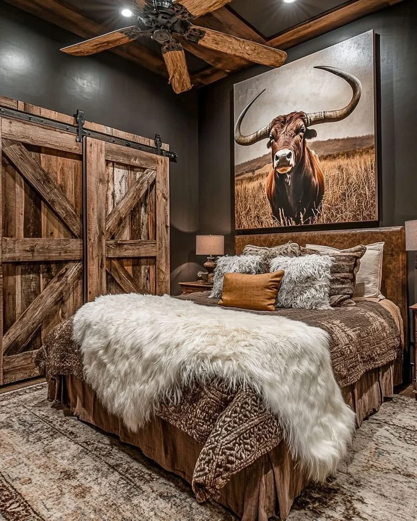Western lodge bedroom with oversized longhorn canvas art