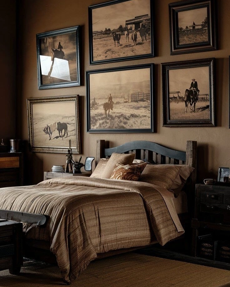 Moody western bedroom with caramel brown walls,
