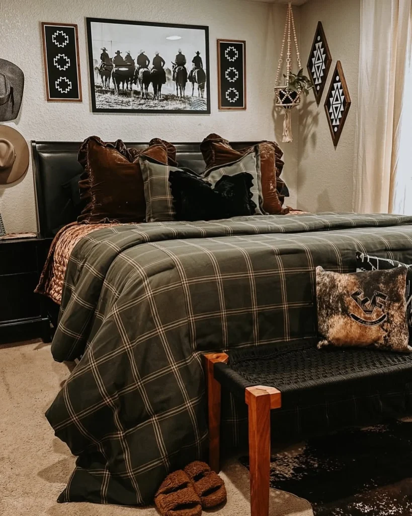 Masculine western bedroom with forest green plaid comforter