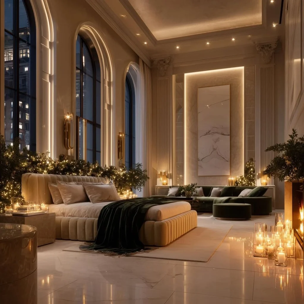 Dramatic large bedroom with floor-to-ceiling arched windows