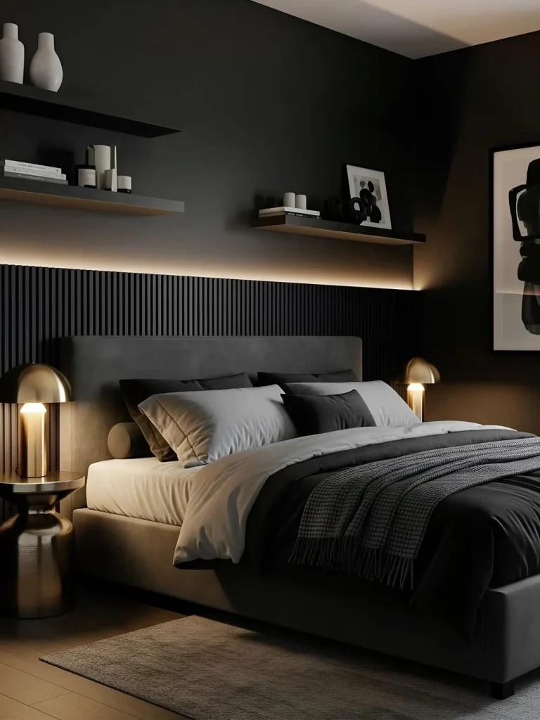 Dark charcoal bedroom with black slatted headboard panel