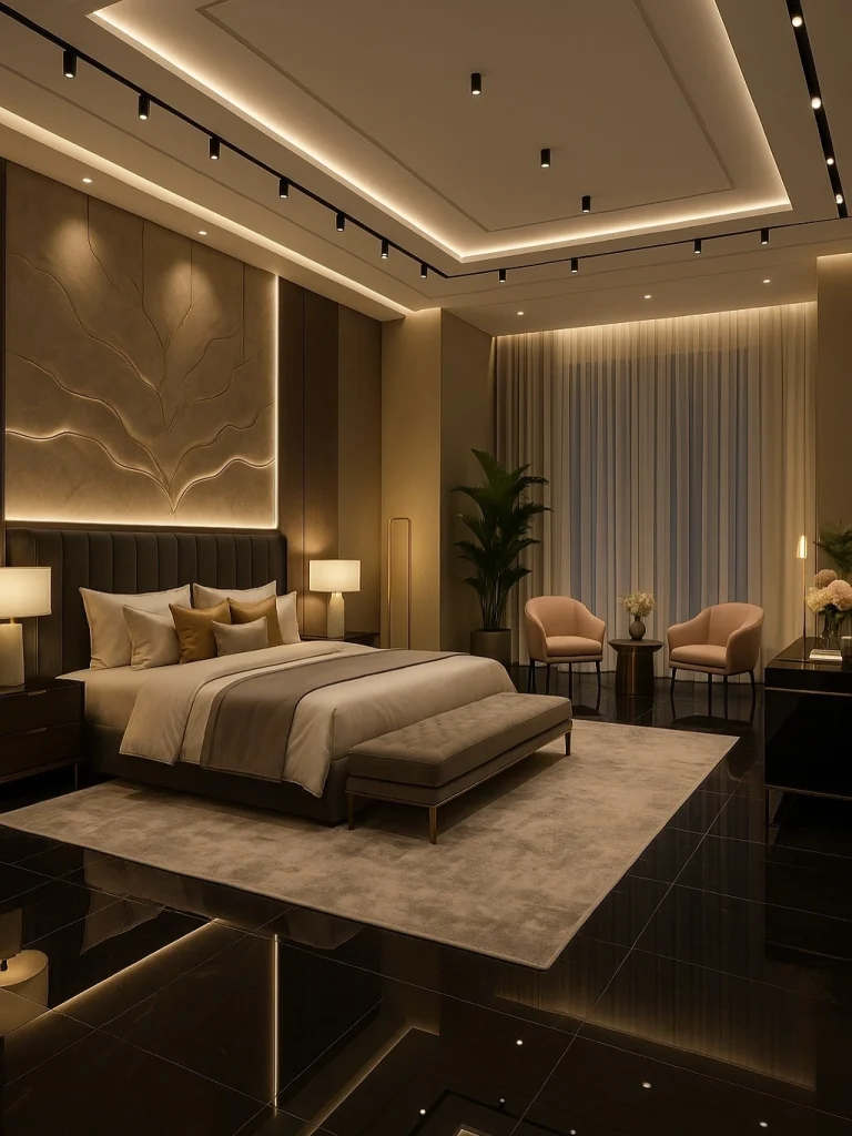 Warm amber luxury bedroom with sculptural plaster leaf feature wall