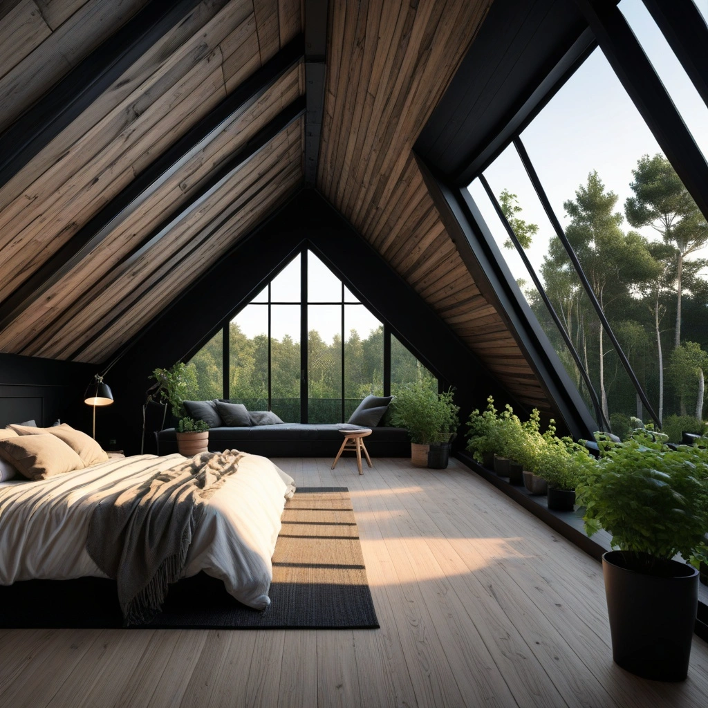 Forest-facing attic loft with full triangular glass gable wall,