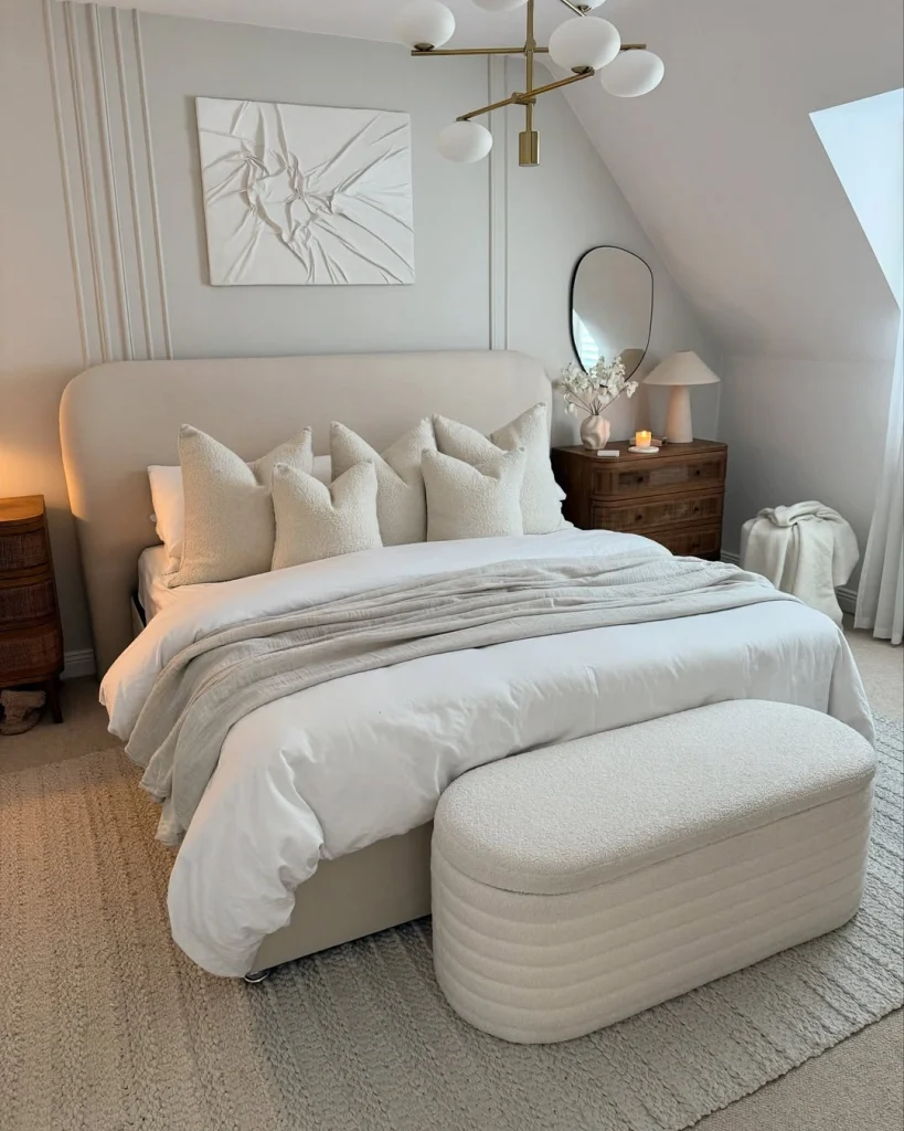 White sloped ceiling bedroom with boucle upholstered headboard
