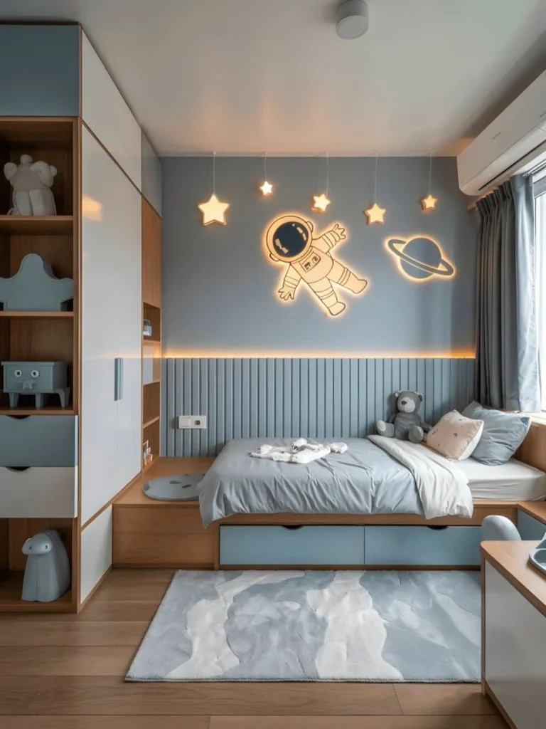 Space astronaut kids bedroom with slate blue slatted headboard panel