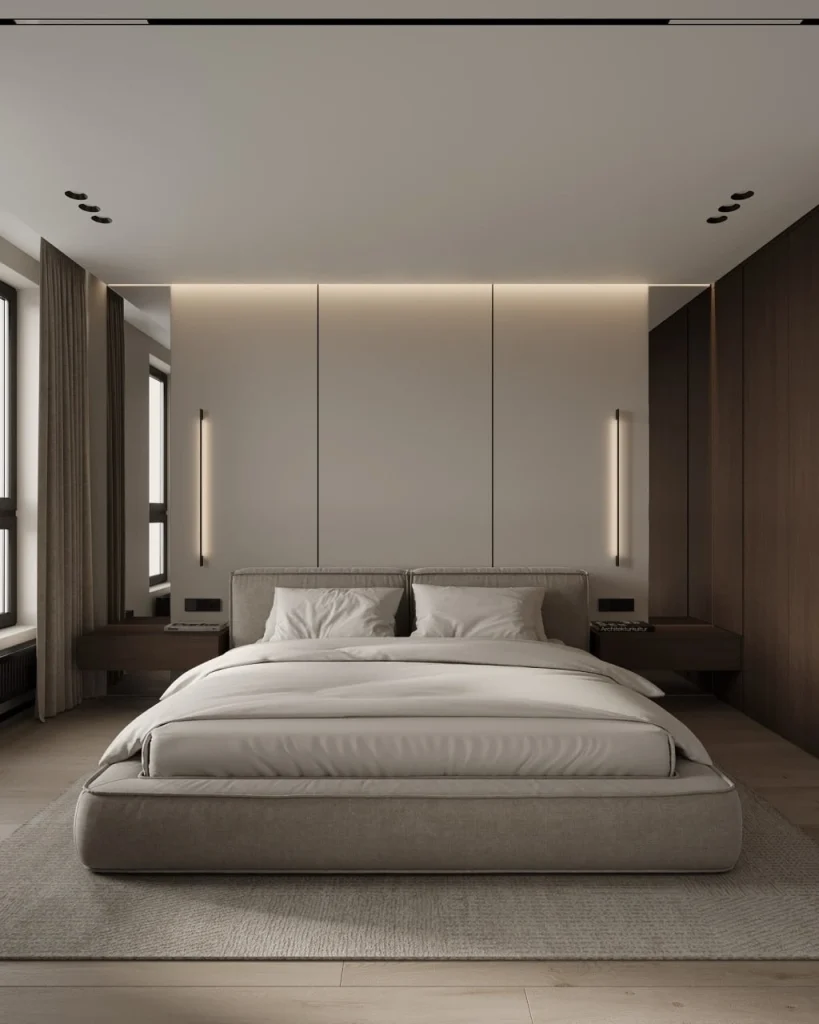 Minimal large bedroom with vertical LED panel headboard wall,